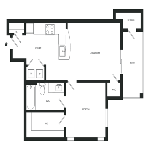 Floor plan for 1 bed, 1 bath, 758 sqft